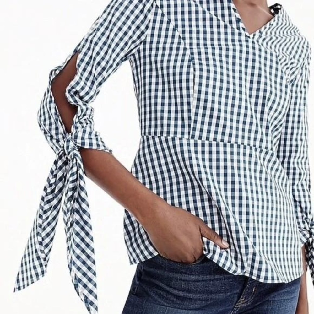 J Crew Universal Standard Gingham Peplum Blouse Womens XS Navy Tie Sleeve Preppy